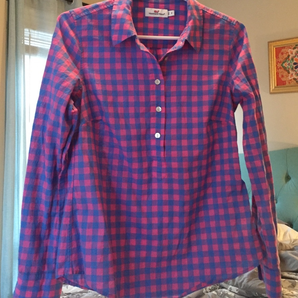 Vineyard Vines Pink and Blue Plaid Button Pullover